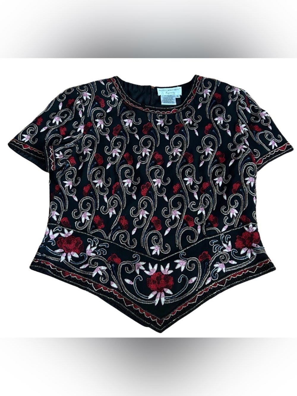 Vintage Papell Boutique Evening Beaded/Embroidered Silk Top | Black/Multi | L
